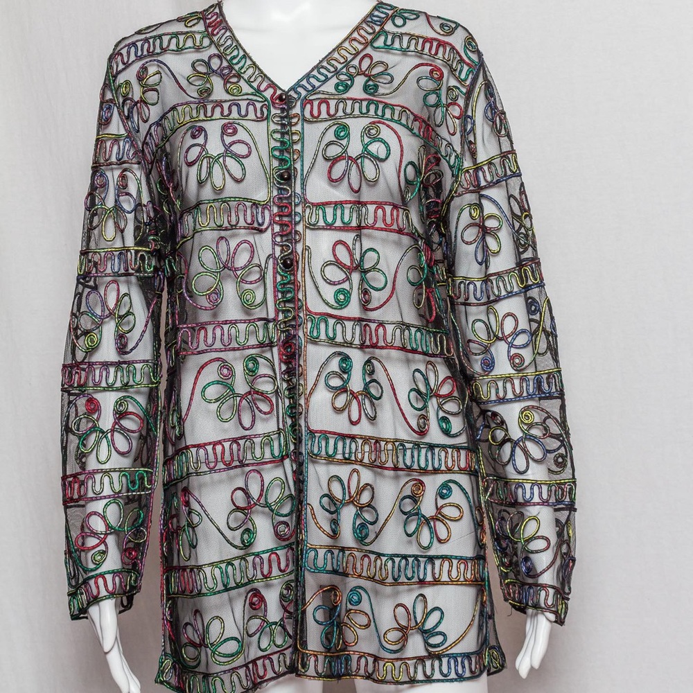 Mesh and colorful embroidered long sleeve button up top. Celsa brand.